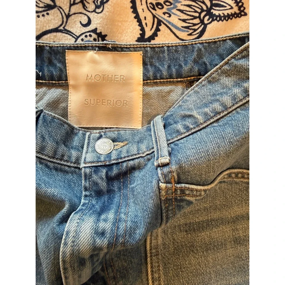 Mother Superior Denim Mini Skirt Blue High Waist Patch Pocket Womens Size 24